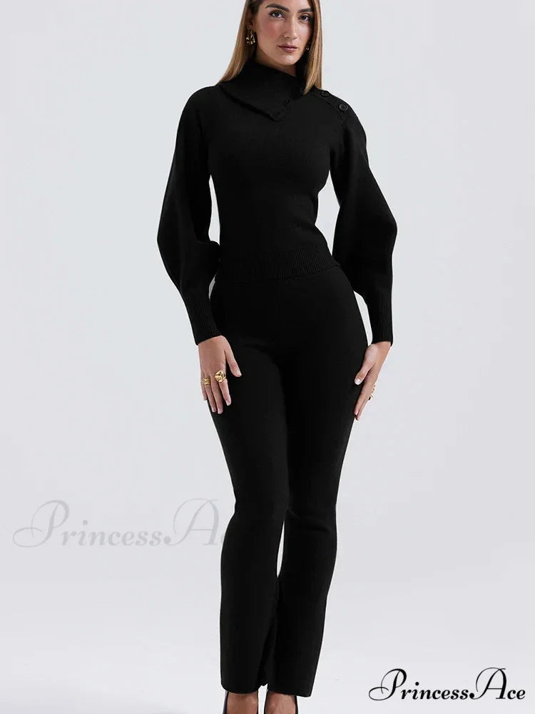 Knit Rib Long Sleeve Graceful Top And Pants Set