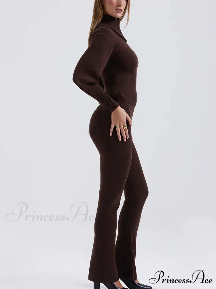 Knit Rib Long Sleeve Graceful Top And Pants Set