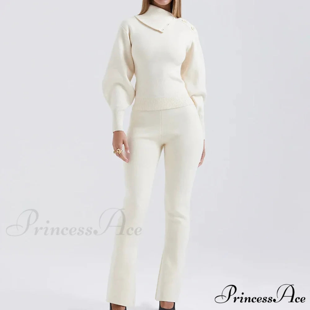 Knit Rib Long Sleeve Graceful Top And Pants Set As Picture / S