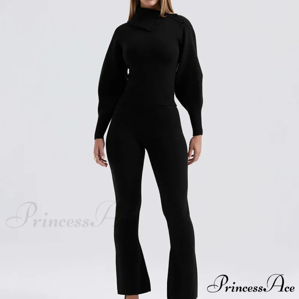 Knit Rib Long Sleeve Graceful Top And Pants Set Black / S