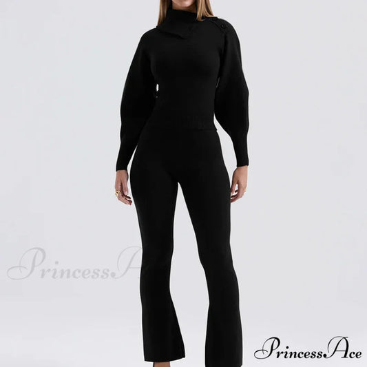 Knit Rib Long Sleeve Graceful Top And Pants Set Black / S