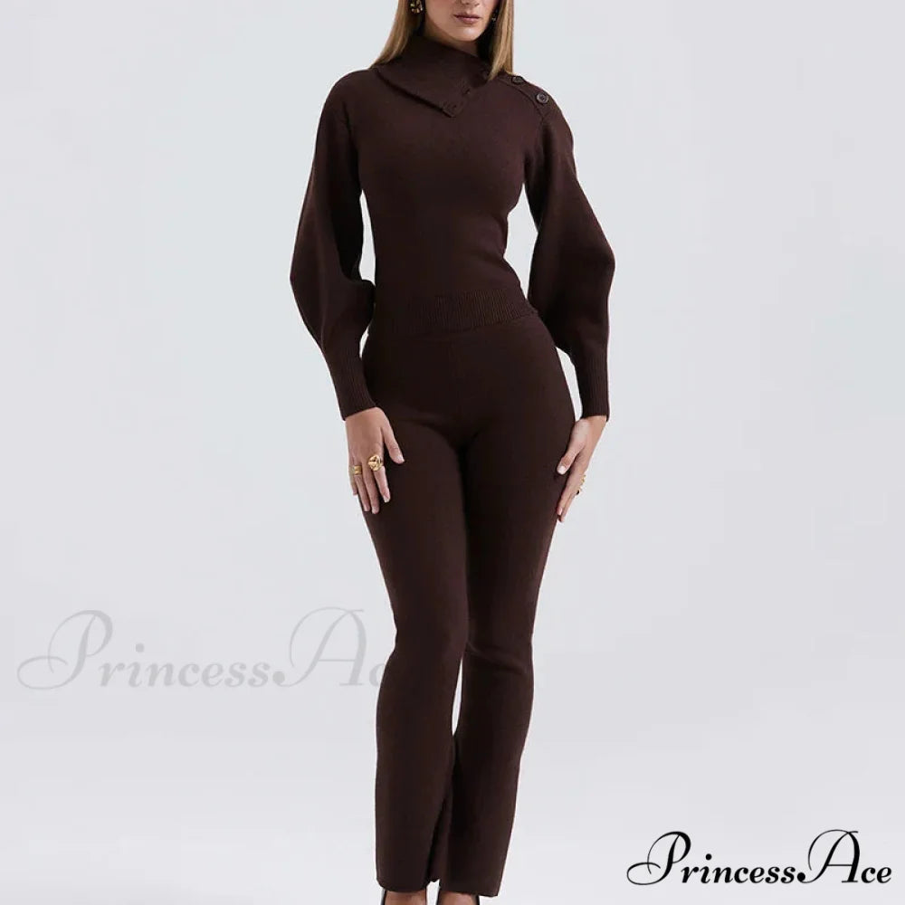 Knit Rib Long Sleeve Graceful Top And Pants Set Coffee / S