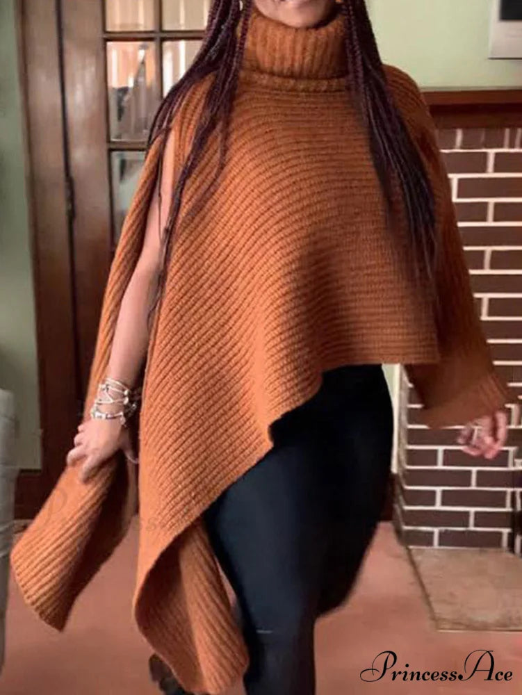 Knit Ruffle Graceful Sleeve Solid Tops Brown / S