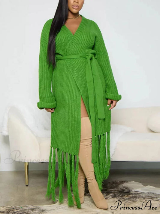 Knit Slit Graceful Turtleneck Sweaters Green / S