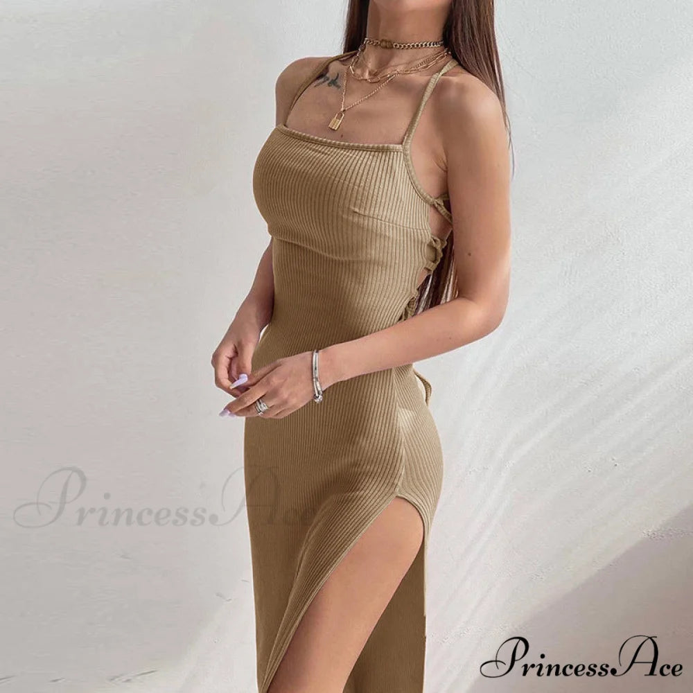 Knit Split Thigh Dress in Green S / Khaki