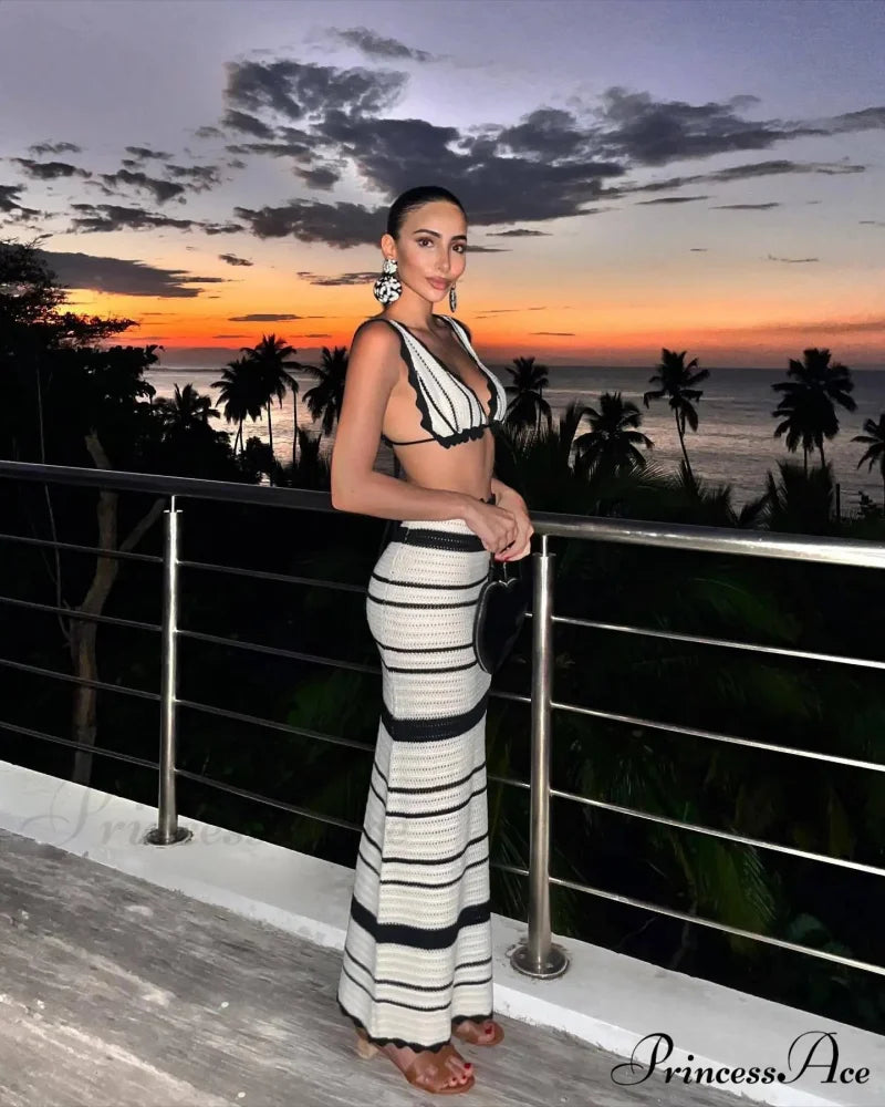 Knit Stripe Bralette Charming And Maxi Skirt Set