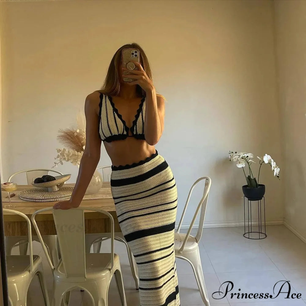 Knit Stripe Bralette Charming And Maxi Skirt Set