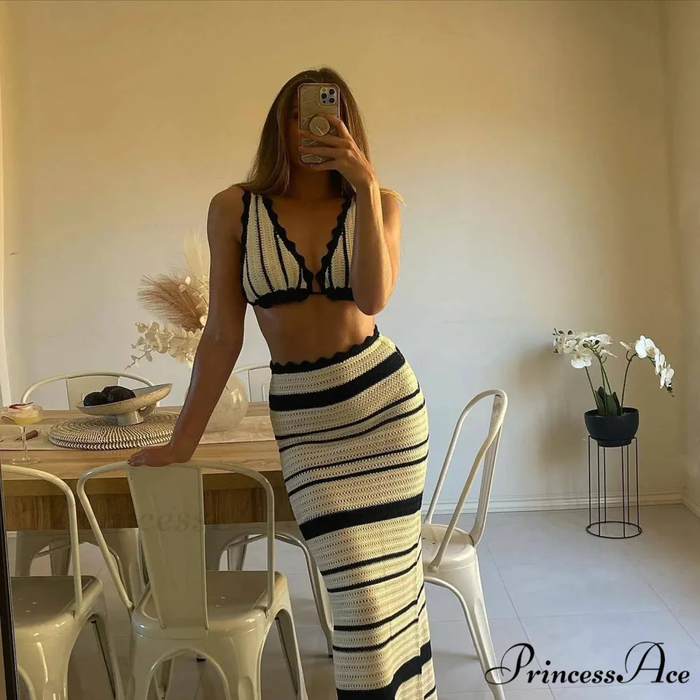 Knit Stripe Bralette Charming And Maxi Skirt Set