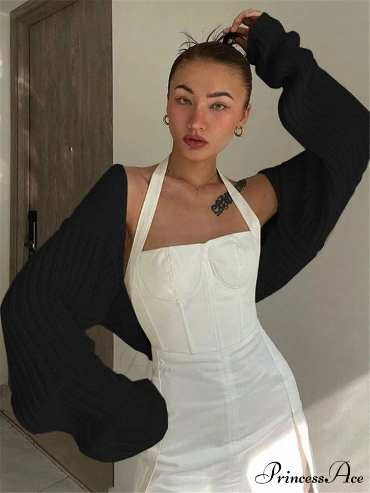 Knit Sweater Stylish Cropped Sleeve Black / One Size