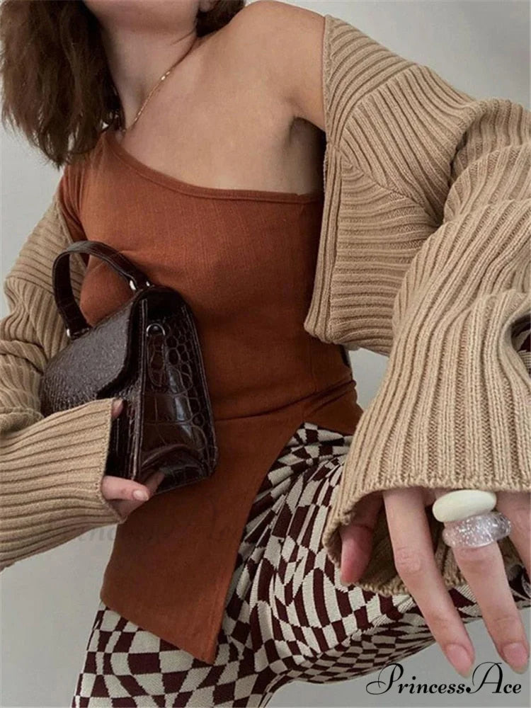 Knit Sweater Stylish Cropped Sleeve Khaki / One Size