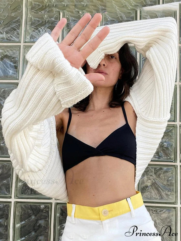 Knit Sweater Stylish Cropped Sleeve white / One Size
