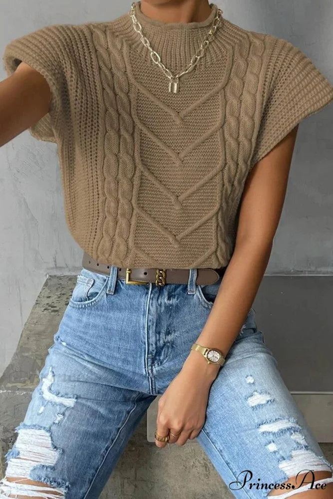 Knit Sweater Turtleneck Cable Vest Khaki / M