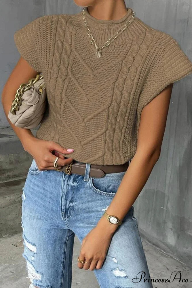 Knit Sweater Turtleneck Cable Vest Khaki / S