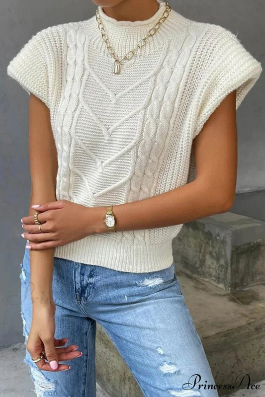Knit Sweater Turtleneck Cable Vest White / S