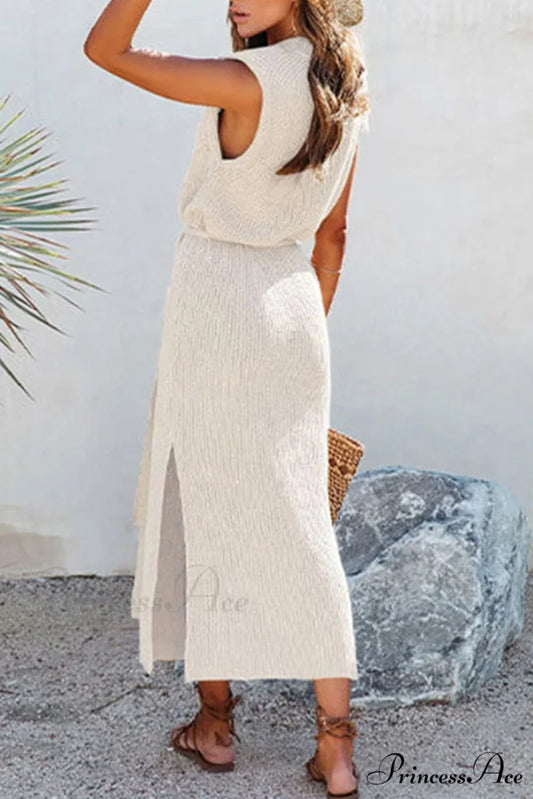 Knit Tank Dress with Tie-waist Slit Beige / M