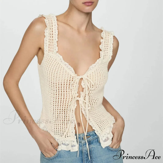 Knit Tie-Front Crochet Crop Top Beige / S croptop-250223