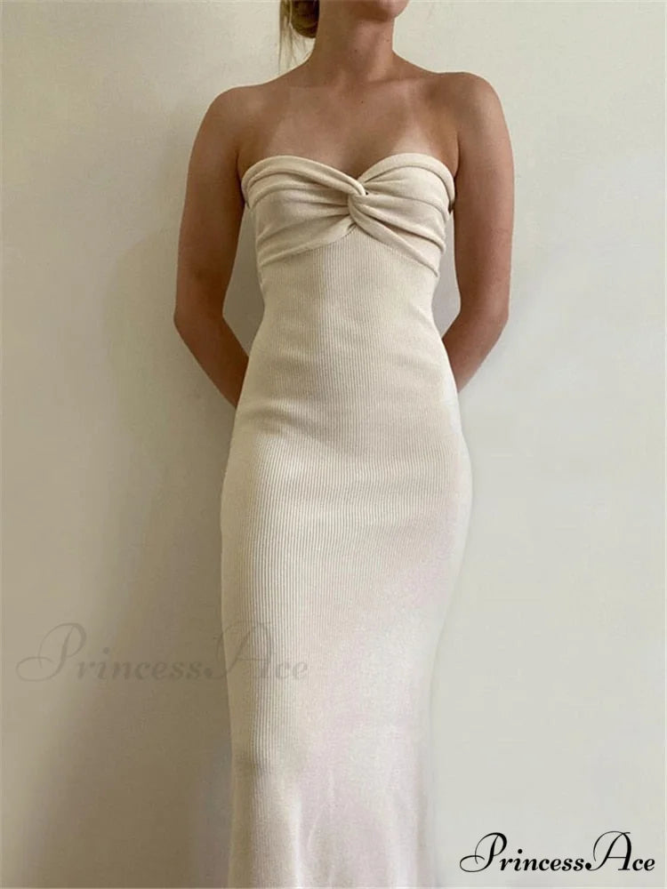 Knit Twisted Stylish Tube Midi Dress Apricot / S