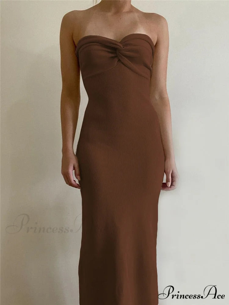 Knit Twisted Stylish Tube Midi Dress Dark Brown / S
