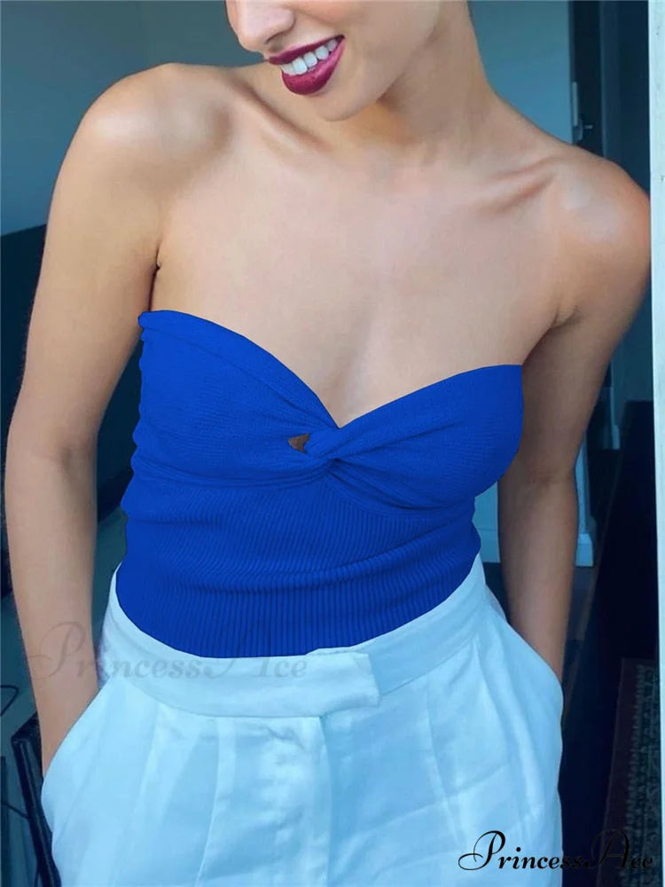 Knit Twisted Stylish Tube Top Navy Blue / S