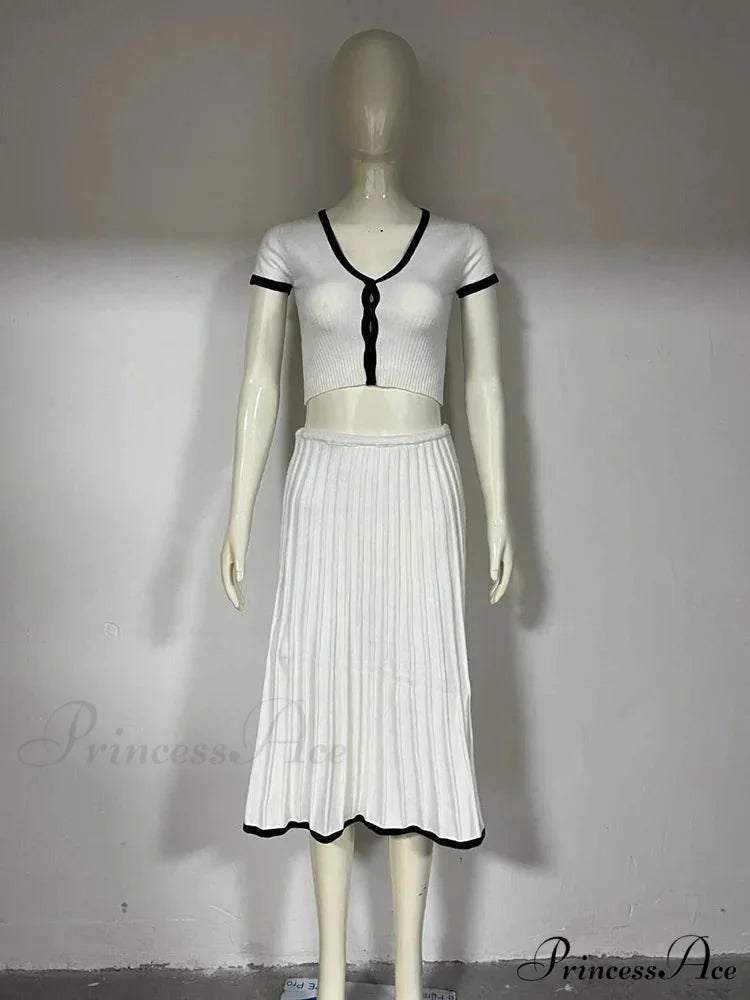 Knit Two Tone Short Sleeve Buttoned Modern Top And Pleated Midi Skirt Set