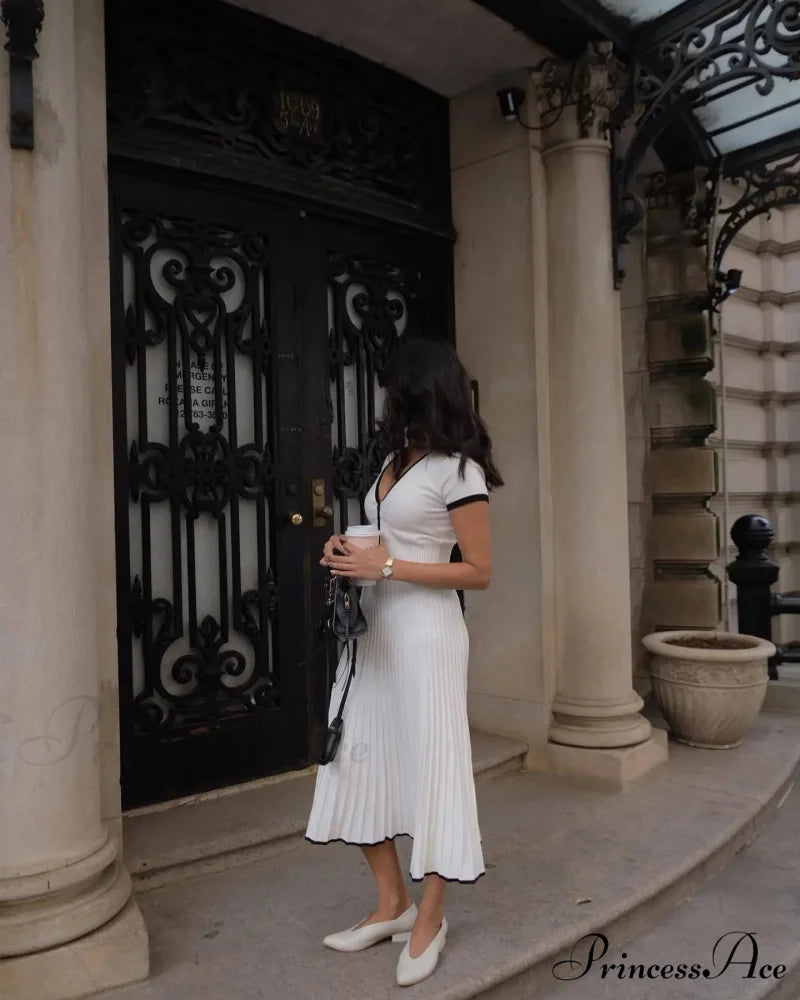Knit Two Tone Short Sleeve Buttoned Modern Top And Pleated Midi Skirt Set