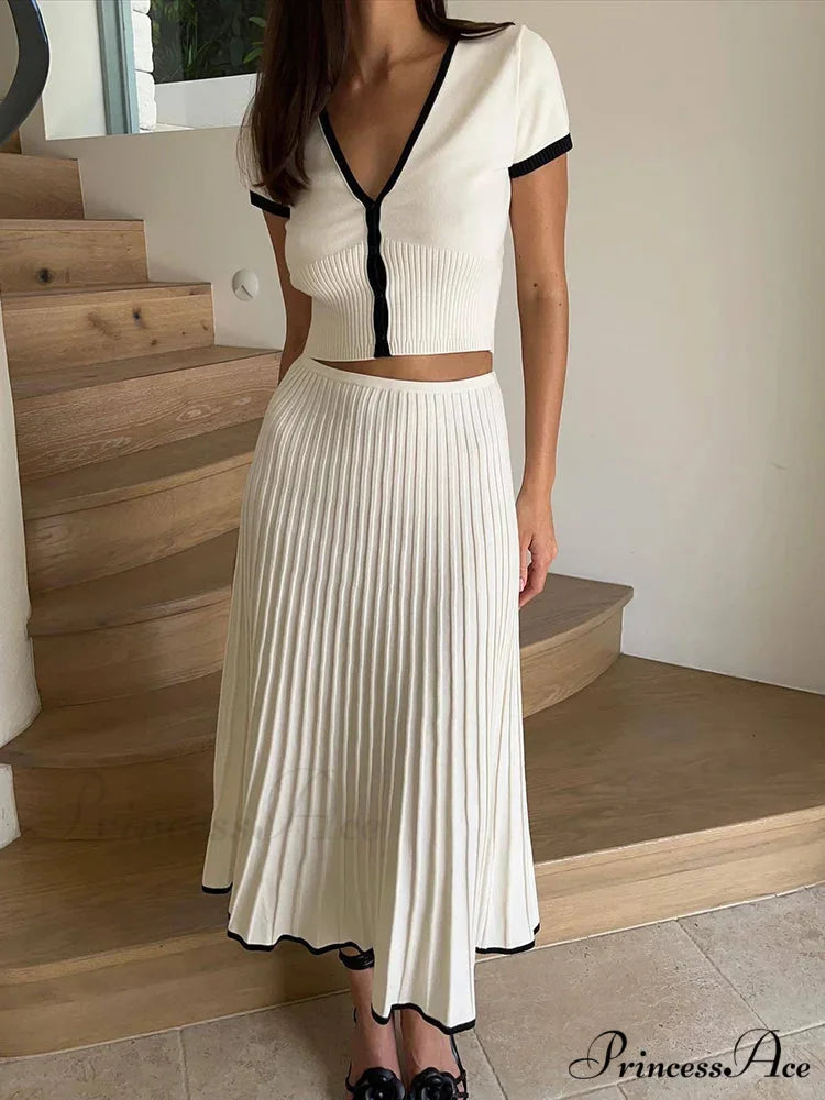 Knit Two Tone Short Sleeve Buttoned Modern Top And Pleated Midi Skirt Set White / S