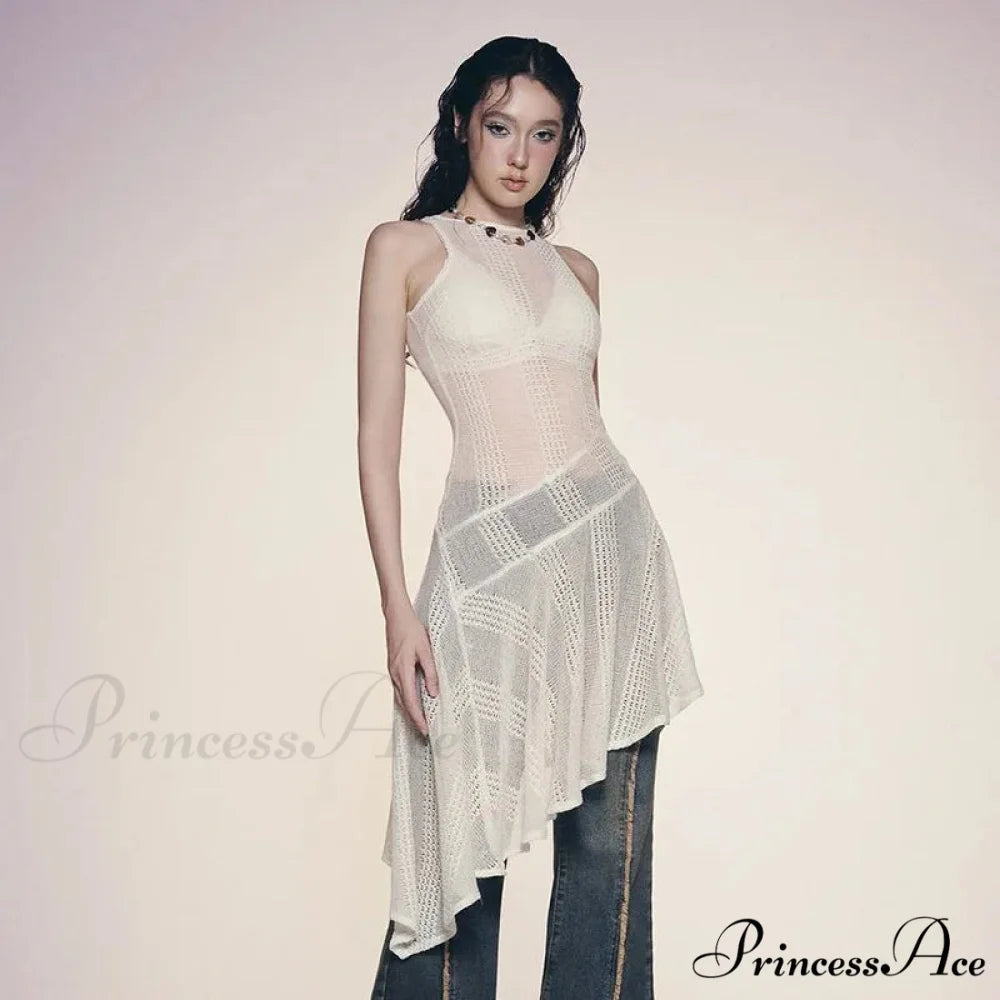 Knit White Asymmetrical Charming Tank Midi Dress