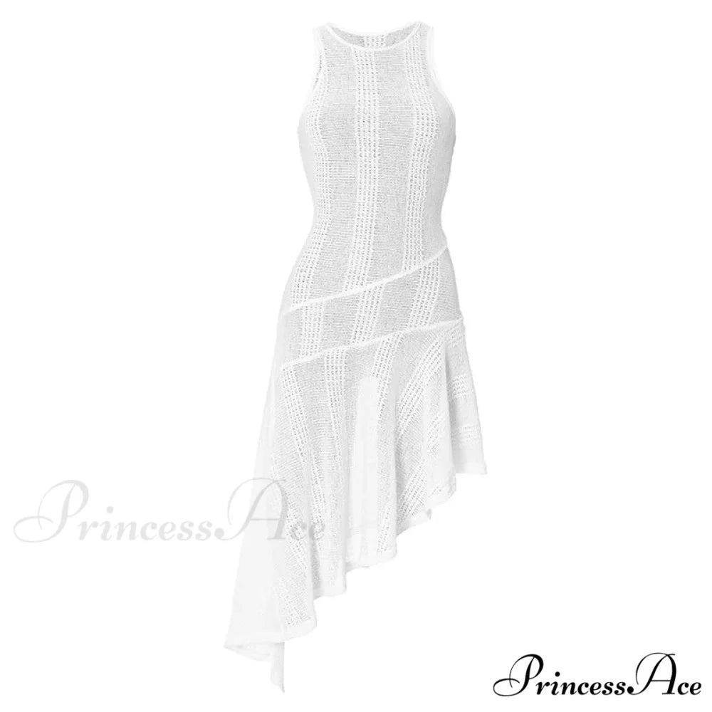 Knit White Asymmetrical Charming Tank Midi Dress WHITE / M