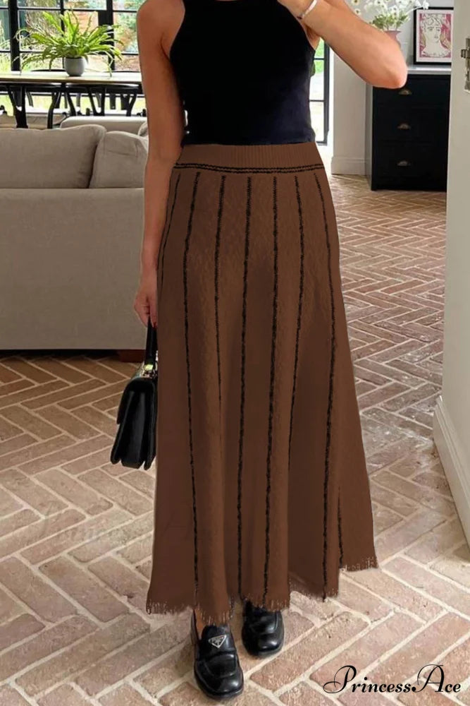 Knit with Fringe Hem Skirt Stripes Coffee / S