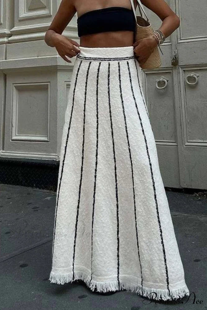 Knit with Fringe Hem Skirt Stripes White / S