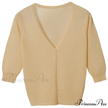 Knitted 3/4 Sleeve V-Neck Solid Casual Woman Cardigan Sweater