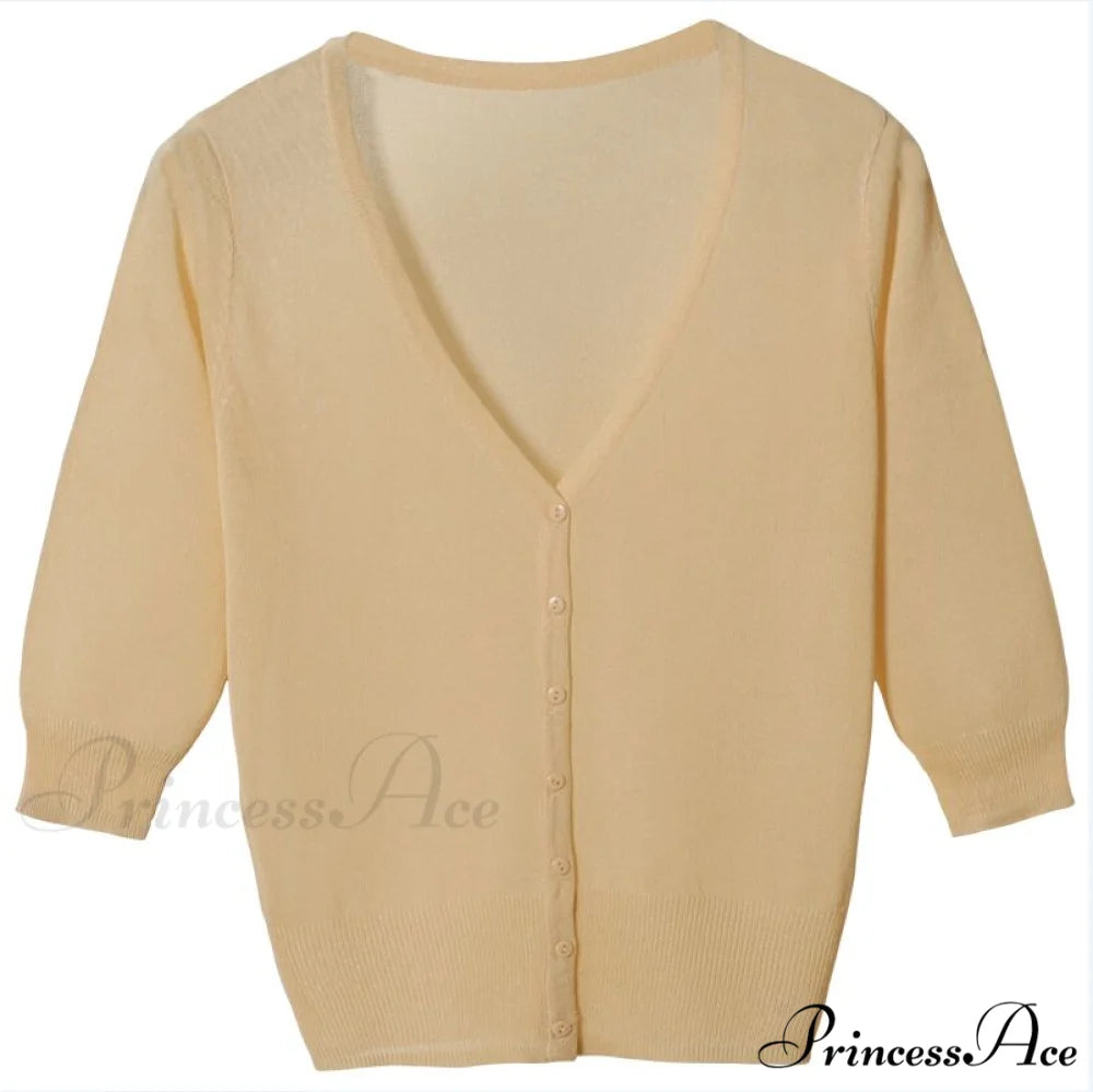 Knitted 3/4 Sleeve V-Neck Solid Casual Woman Cardigan Sweater apricot / M
