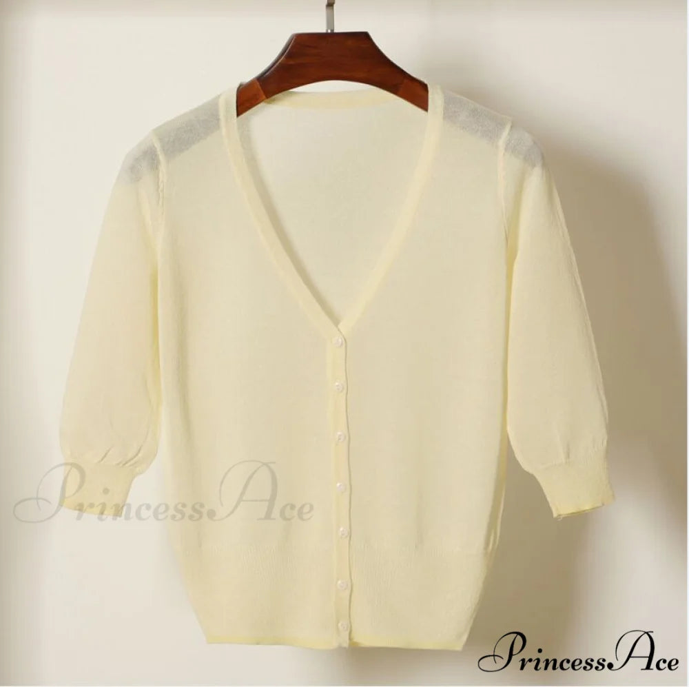 Knitted 3/4 Sleeve V-Neck Solid Casual Woman Cardigan Sweater beige yellow / M