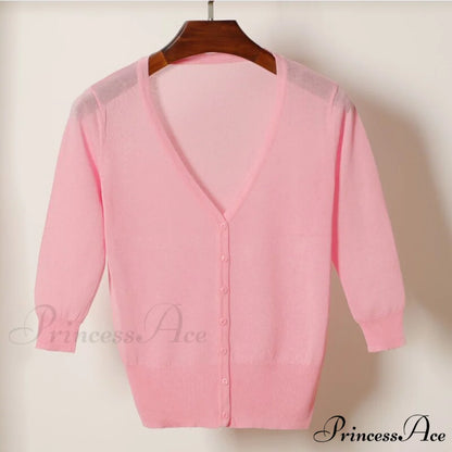 Knitted 3/4 Sleeve V-Neck Solid Casual Woman Cardigan Sweater Pink / M