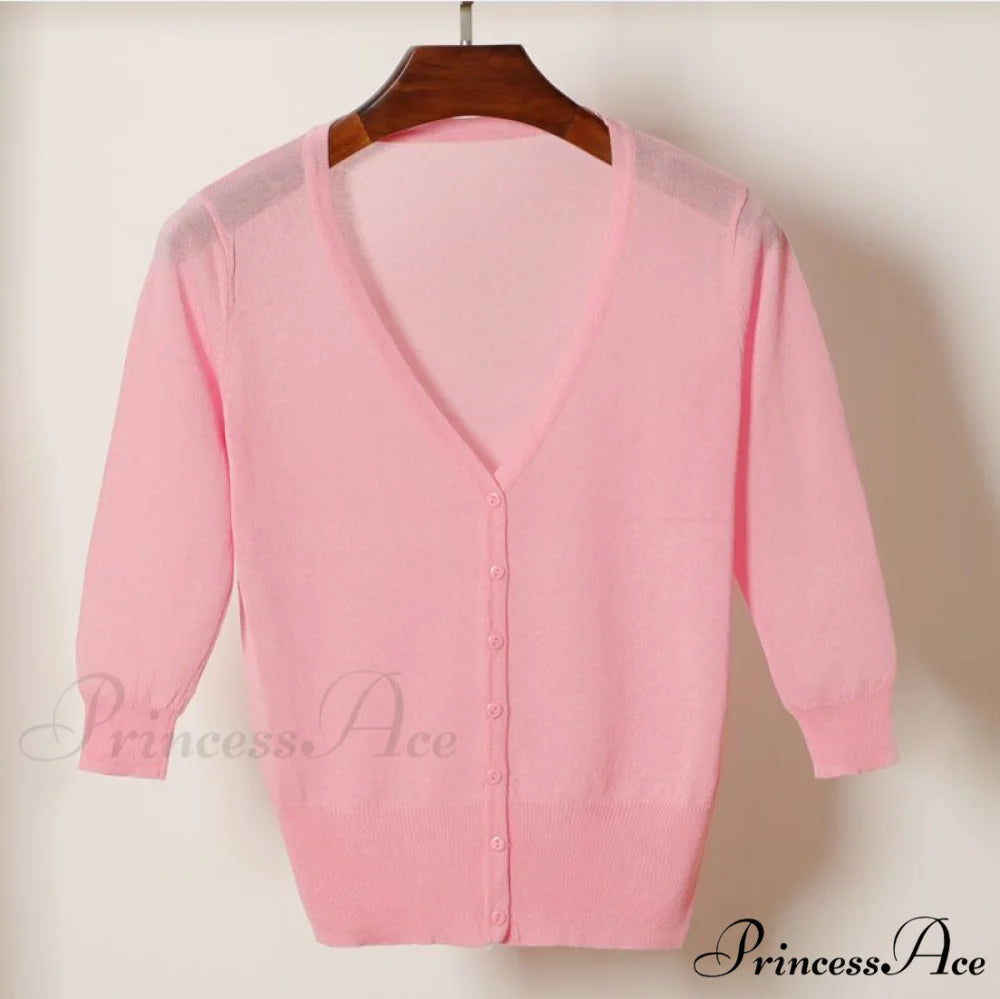 Knitted 3/4 Sleeve V-Neck Solid Casual Woman Cardigan Sweater Pink / M