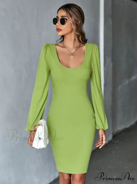 Knitted Backless Long-Sleeved Dress S / green