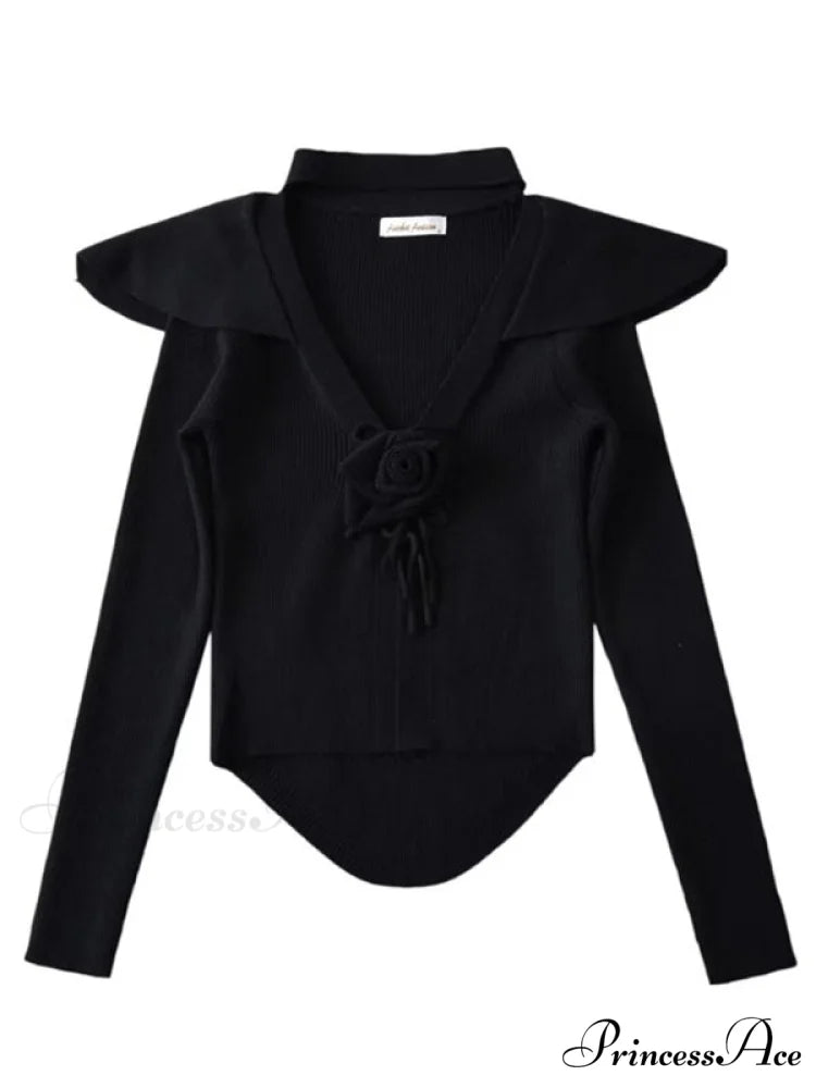 Knitted Cardigan Rose Large for Crop French Lapel Scarf Women Black / S