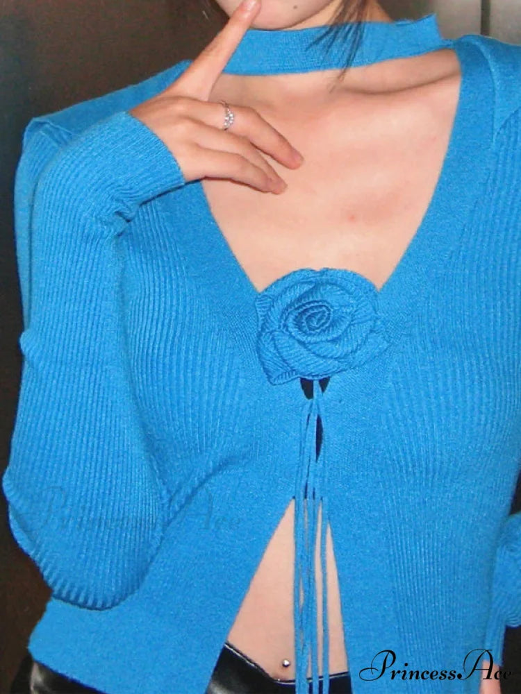 Knitted Cardigan Rose Large for Crop French Lapel Scarf Women Blue / S