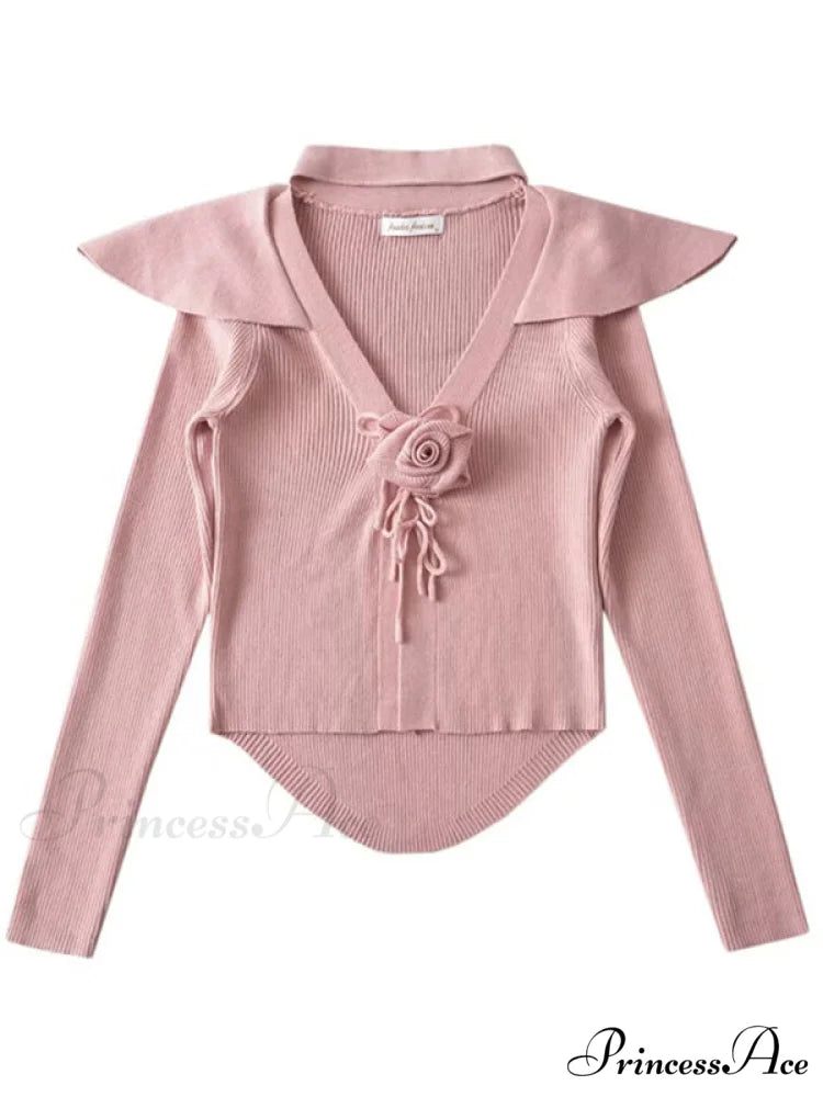 Knitted Cardigan Rose Large for Crop French Lapel Scarf Women Pink / S