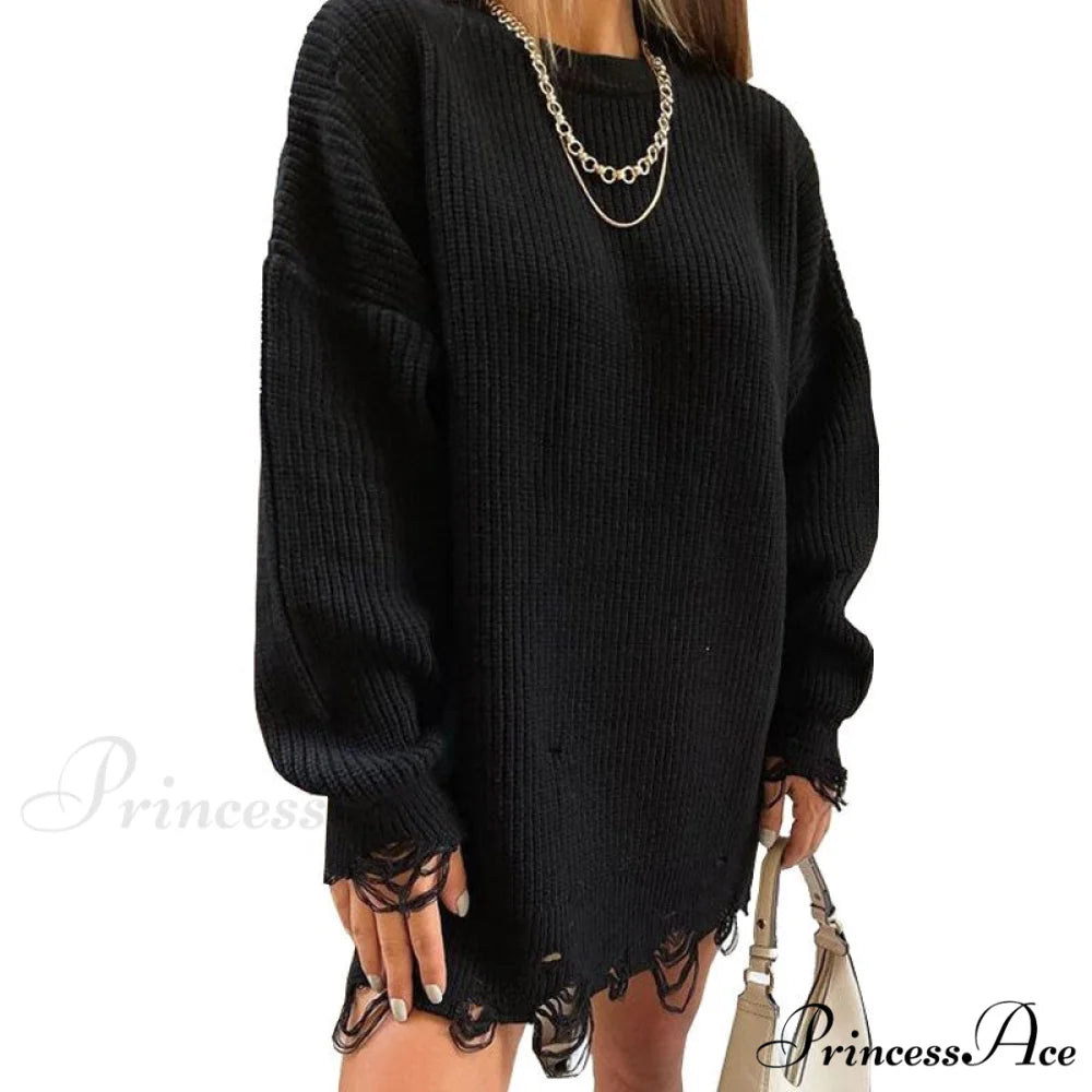 Knitted Casual O Neck Long Sleeve Fashion Sweater 01 black / S