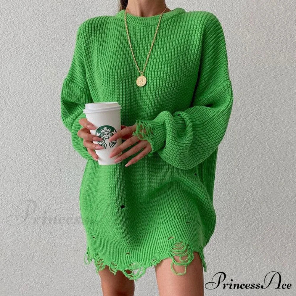 Knitted Casual O Neck Long Sleeve Fashion Sweater 01 green / S