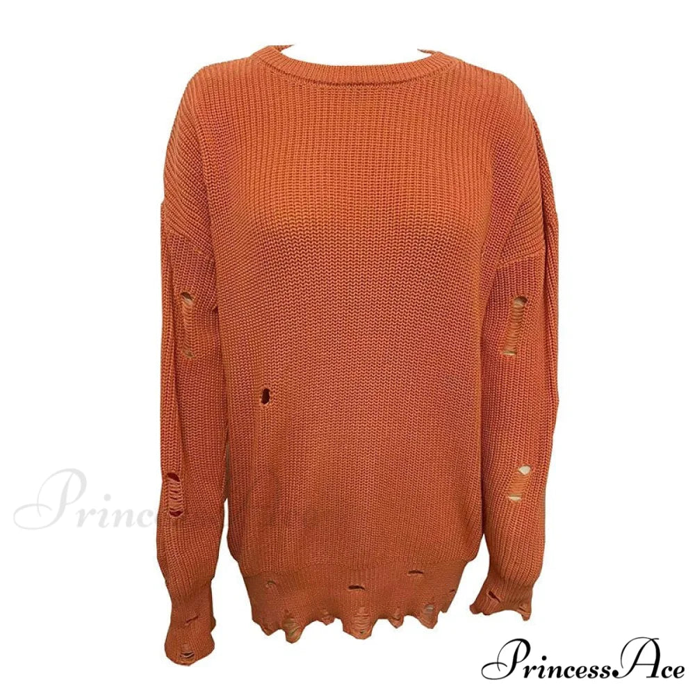 Knitted Casual O Neck Long Sleeve Fashion Sweater 01 orange / S