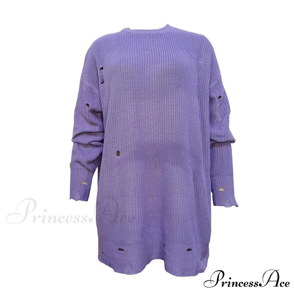 Knitted Casual O Neck Long Sleeve Fashion Sweater 01 purple / S