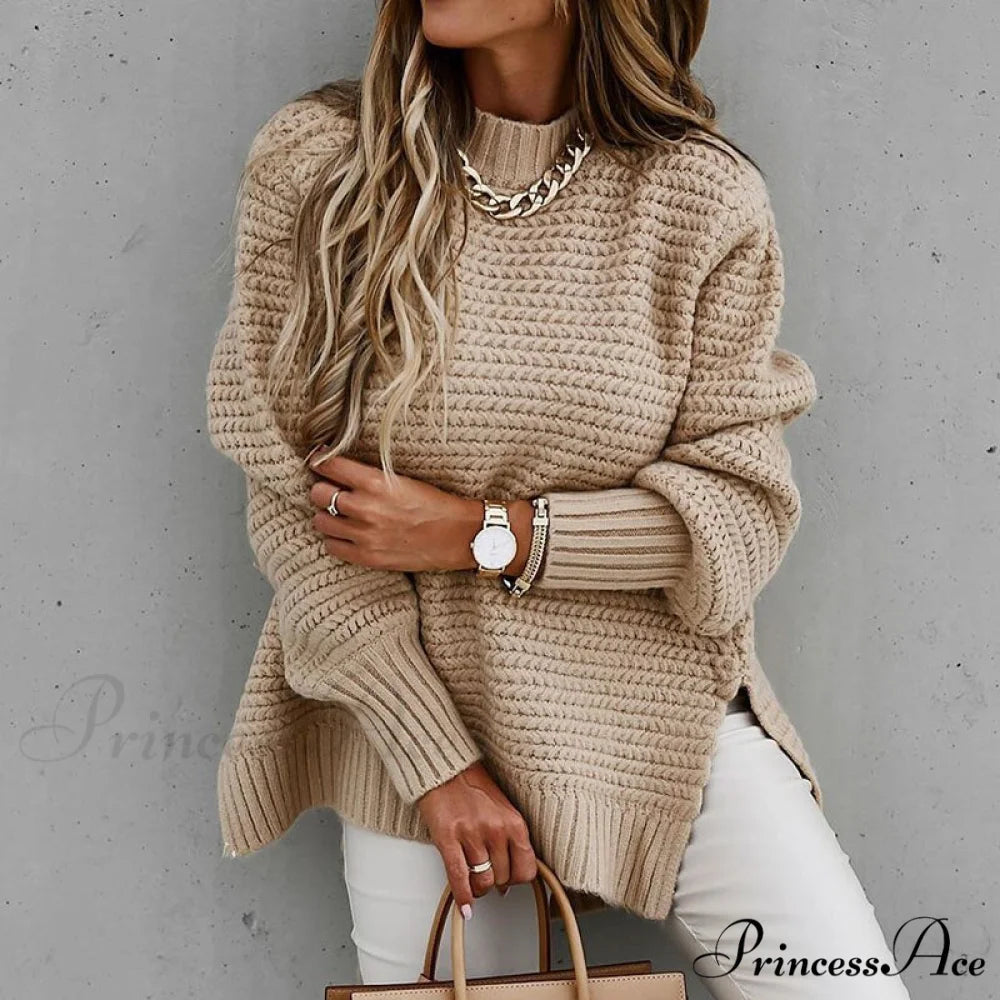 Knitted Casual O Neck Long Sleeve Fashion Sweater 02 apricot / S