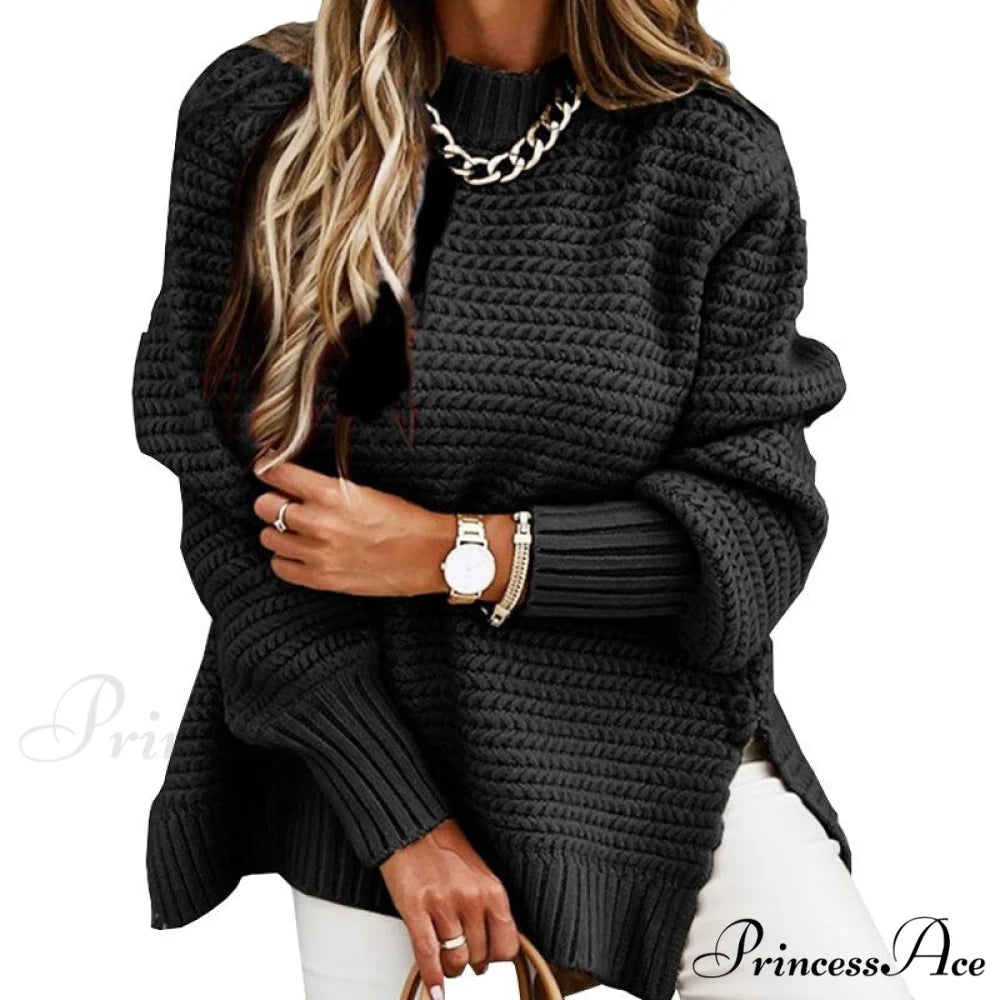 Knitted Casual O Neck Long Sleeve Fashion Sweater 02 black / S