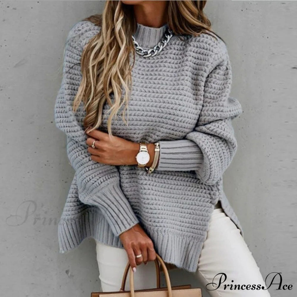 Knitted Casual O Neck Long Sleeve Fashion Sweater 02 gray / S