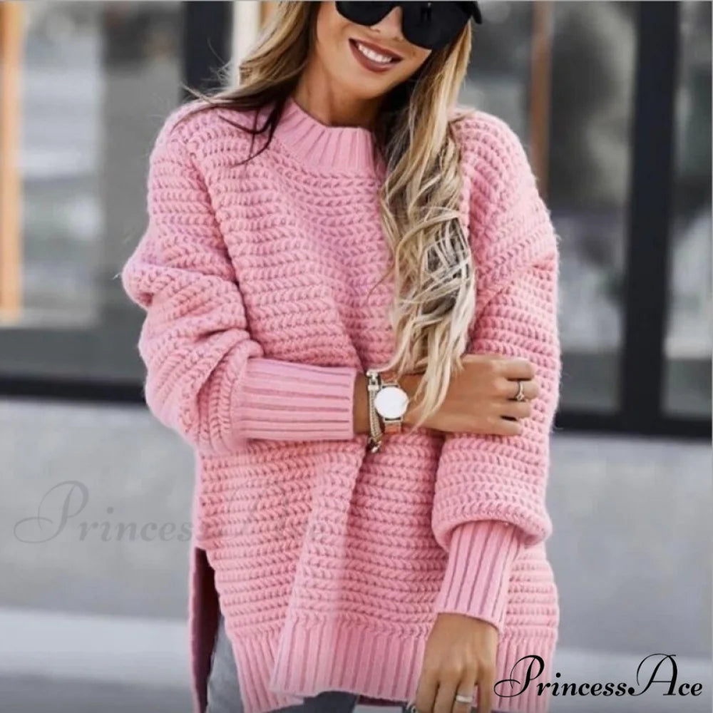 Knitted Casual O Neck Long Sleeve Fashion Sweater 02 pink / S