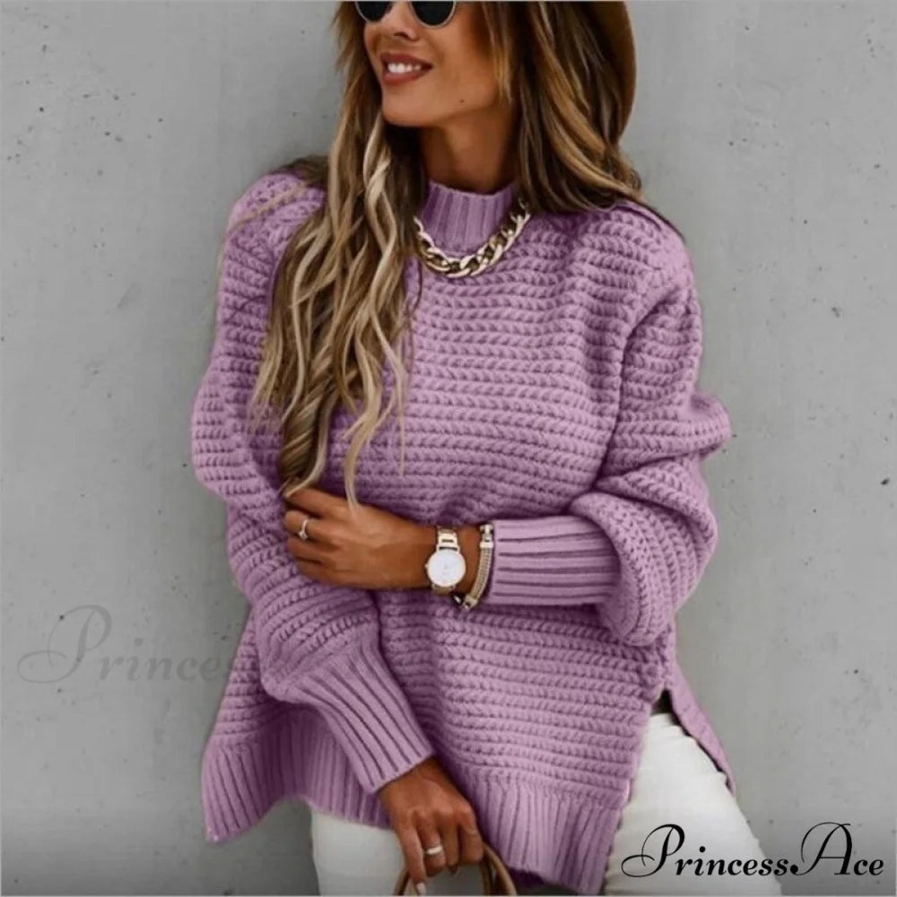 Knitted Casual O Neck Long Sleeve Fashion Sweater 02 purple / S