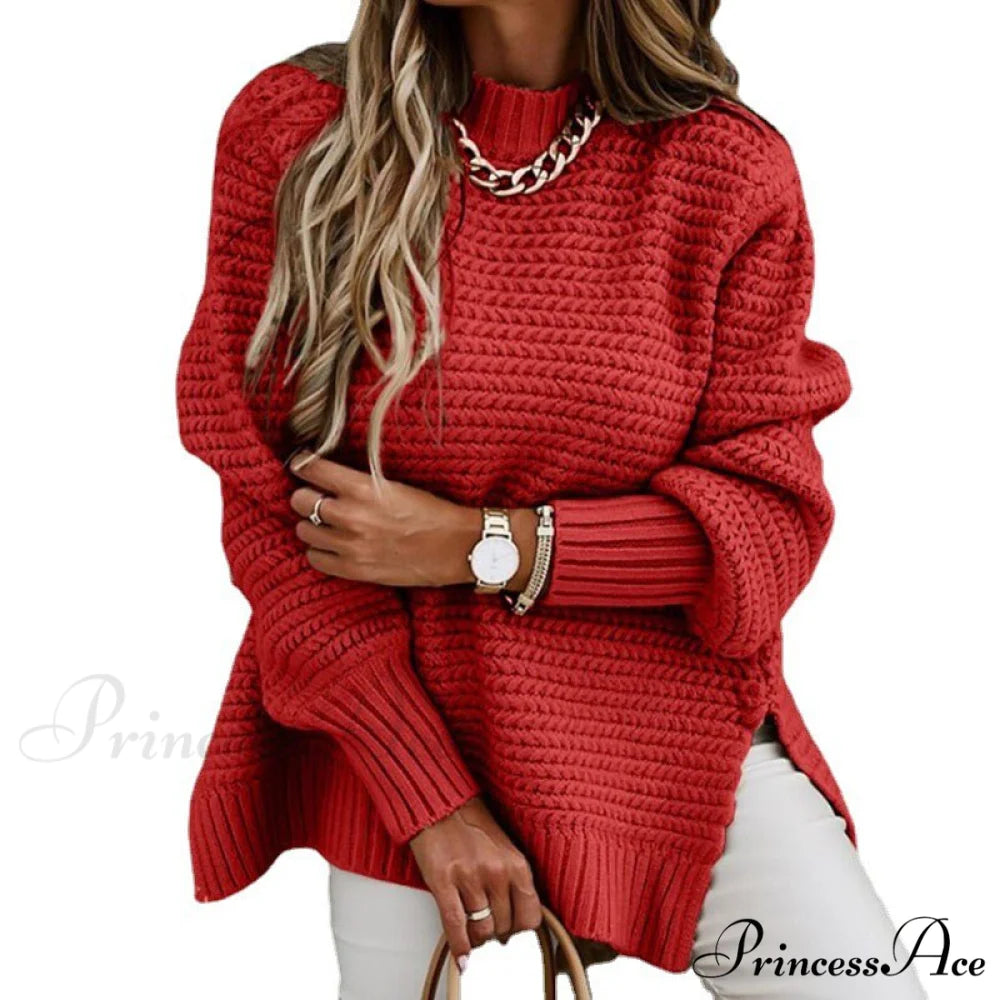 Knitted Casual O Neck Long Sleeve Fashion Sweater 02 red / S