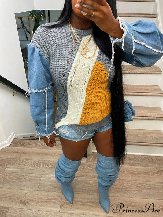 Knitted Color Block Turtleneck Modern Long Sleeve Sweater - Pink